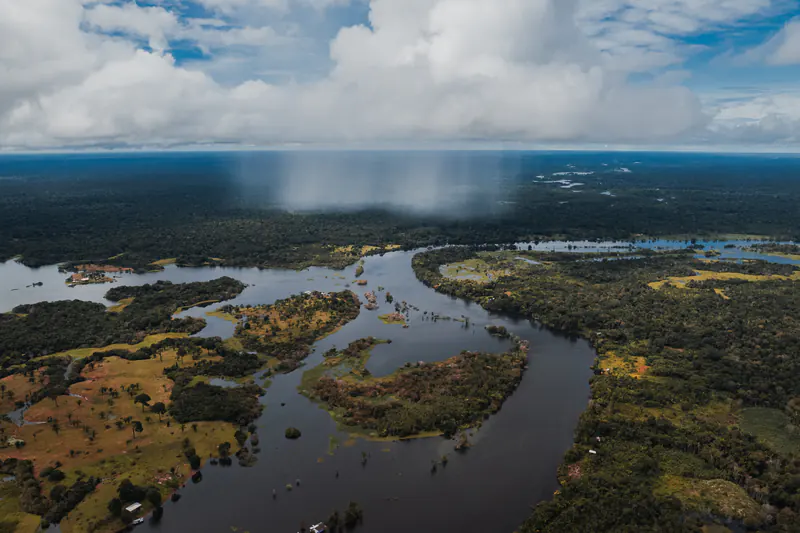 Uma coluna de chuva se forma sobre a floresta amazônica, em Manaus.