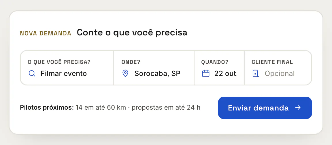 Tela do Serviços com uma demanda nova: filmar um evento em Sorocaba, SP, no dia 22 de outubro, com 14 pilotos a até 60 km e propostas em até 24 horas.